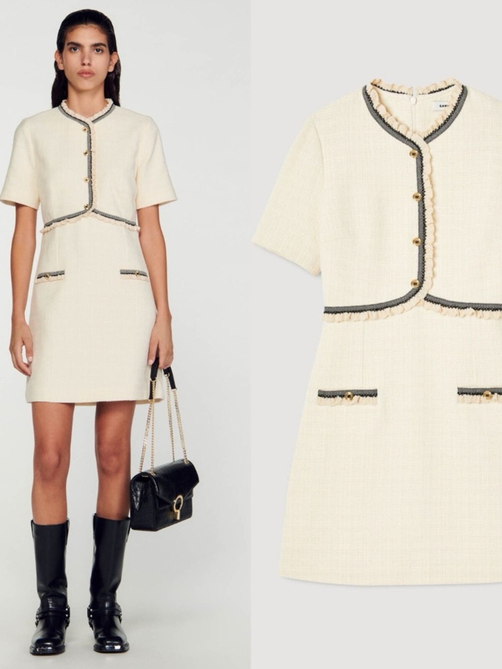 Sandro Cream Tweed Short-Sleeve Dress with Black Trim